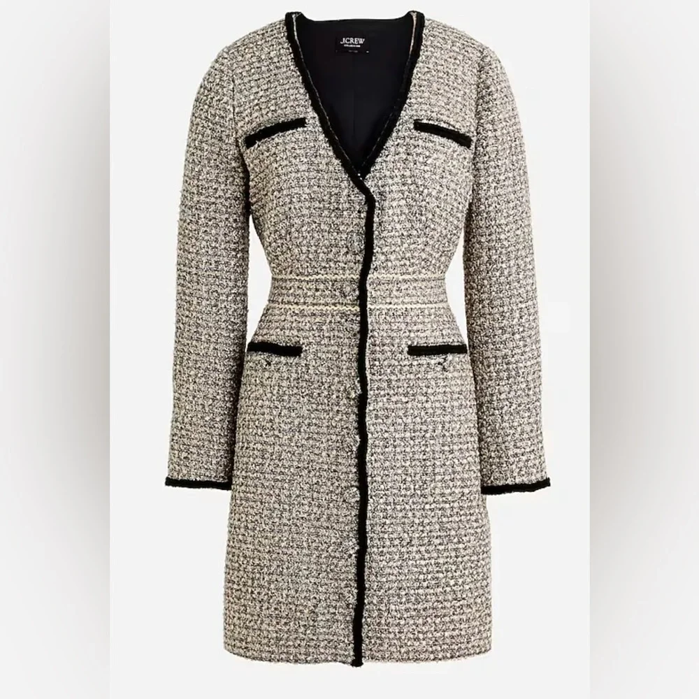 J. Crew Tweed Long-Sleeve Black Trim Shift Dress Coat — Cream & Black